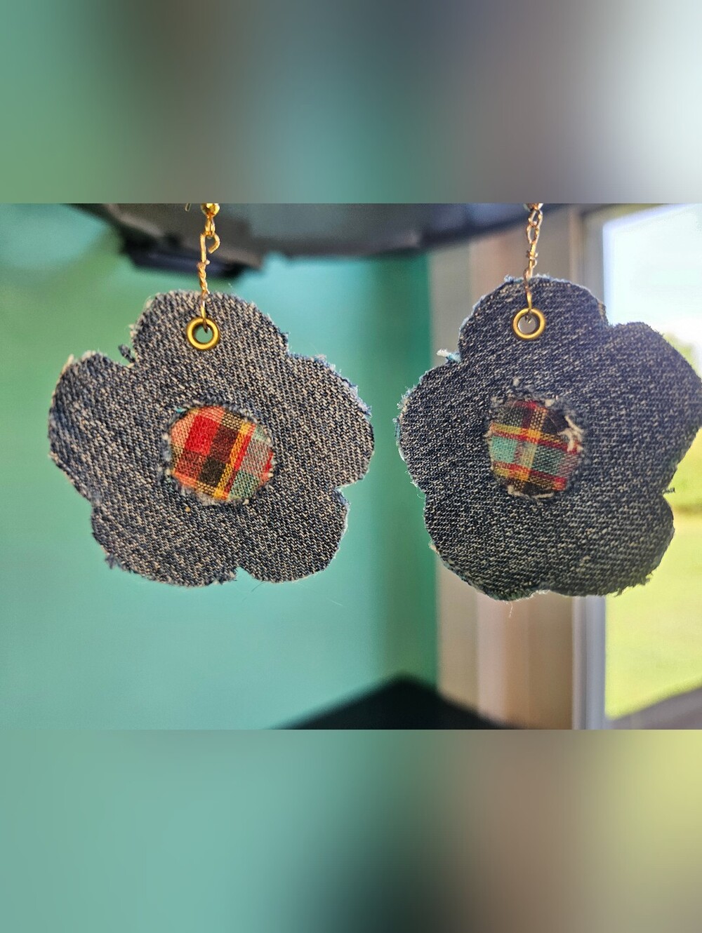Coriander&cumin Denim Flower Drop Earrings with Plaid Center Appx 2" diameter